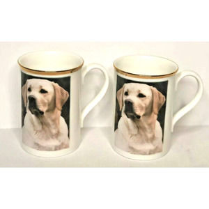 Set of 2 Faithful Friends Fine English Bone China Yellow Lab Dog Coffee Mug Cups